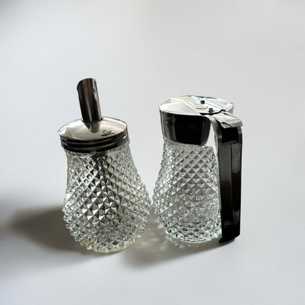 Vintage Diamond Point Pressed Glass Oil Vinegar Cruet Set Pair Chrome Lid MCM